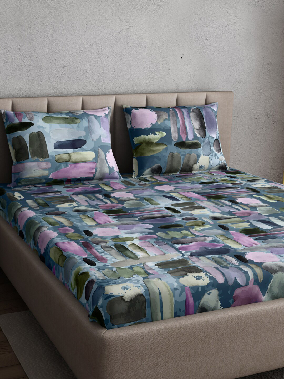 PETAL HOME Pebbles Blue Abstract Pure Cotton Skin-Friendly 300 TC Queen Fine Bedsheet with 2 Pillow Covers-274 x 229 cm