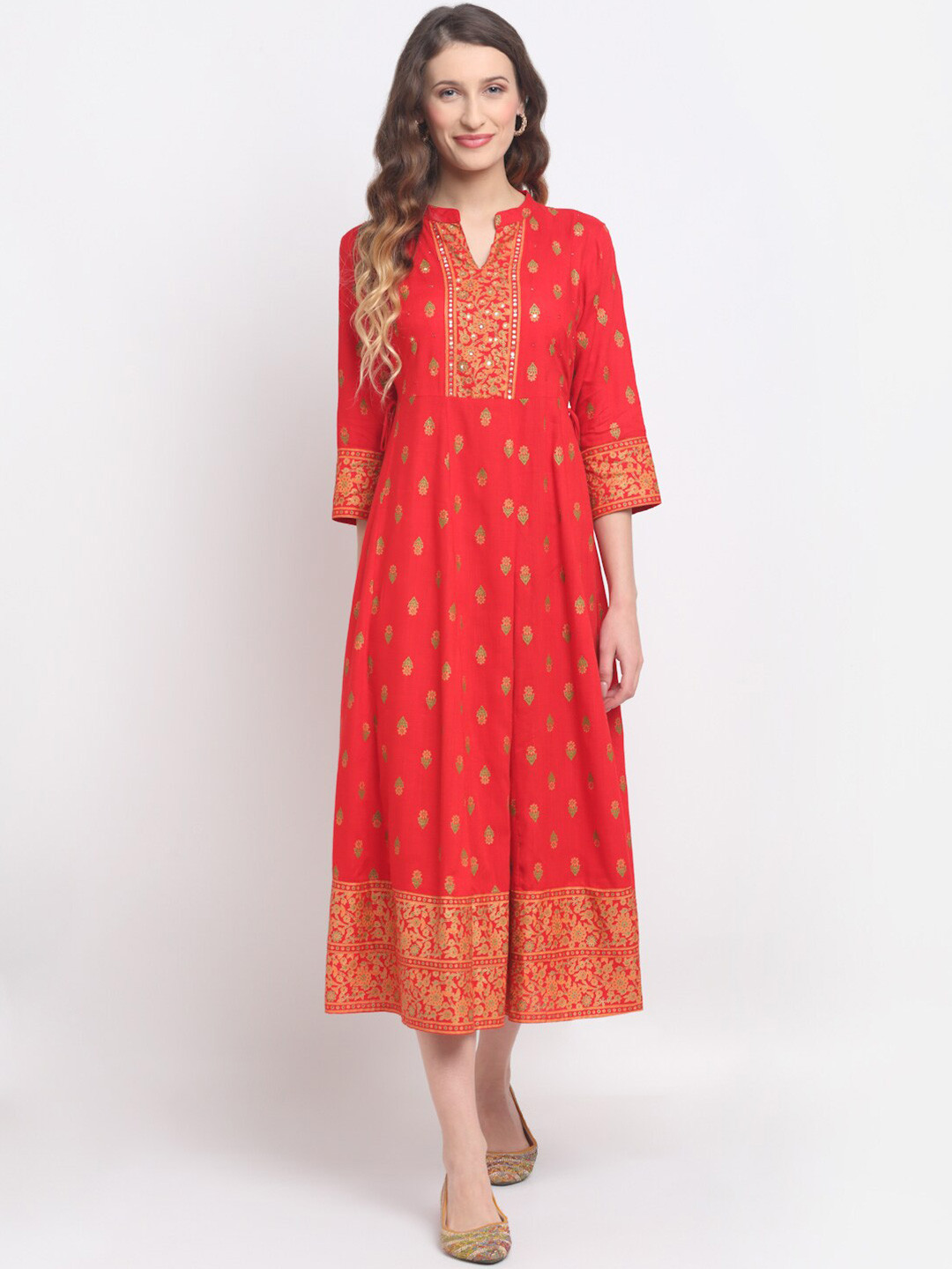 SOUNDARYA Red Ethnic Motifs A-Line Midi Dress