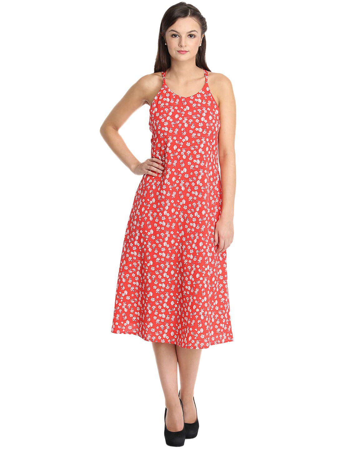 DODO & MOA Red Floral Halter Neck Crepe A-Line Midi Dress