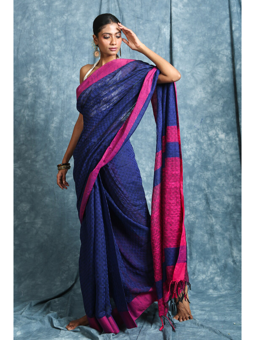 Charukriti Blue & Fuchsia Woven Design Handloom Saree