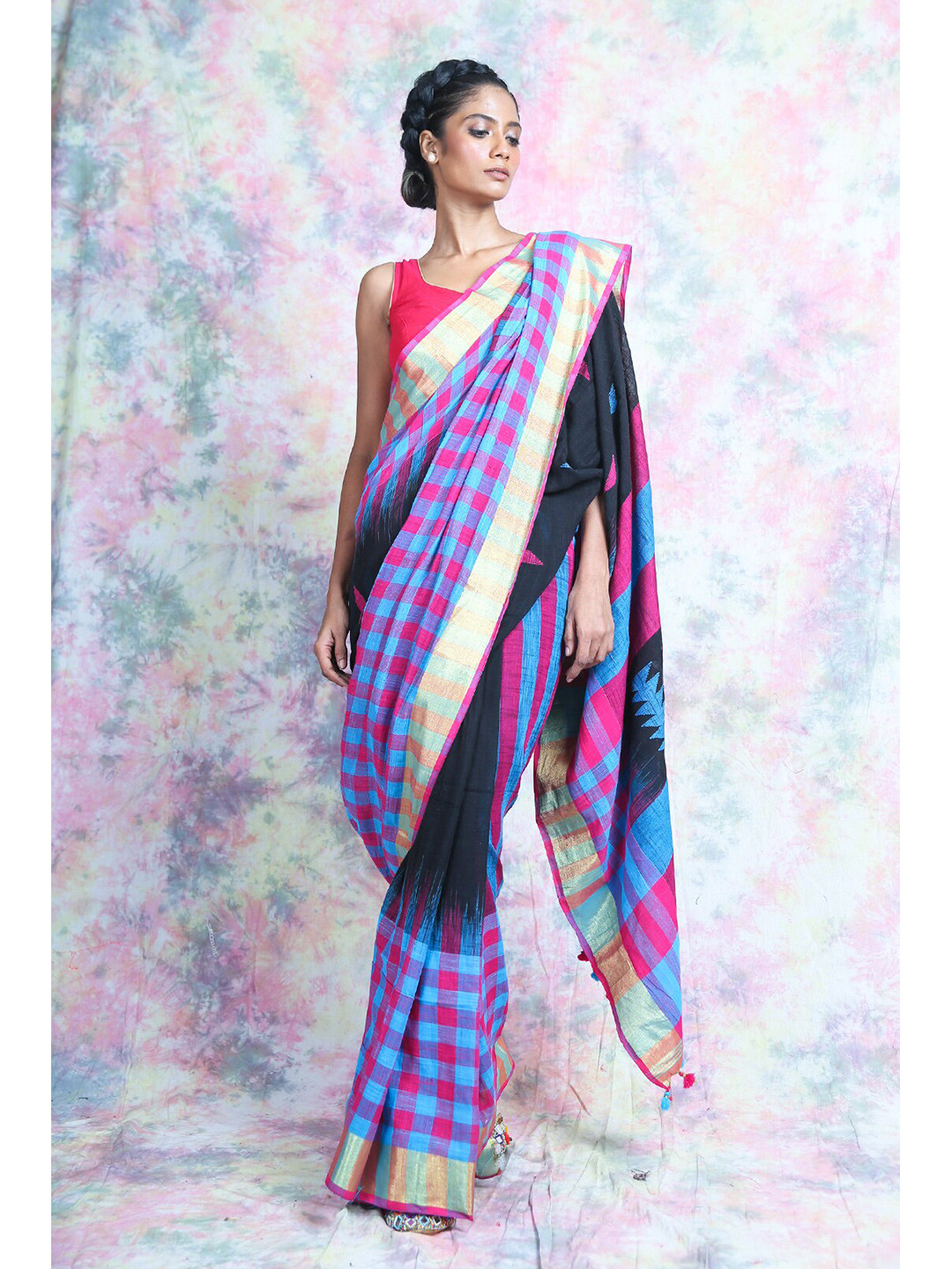 Charukriti Red & Gold-Toned Woven Design Zari Border Saree