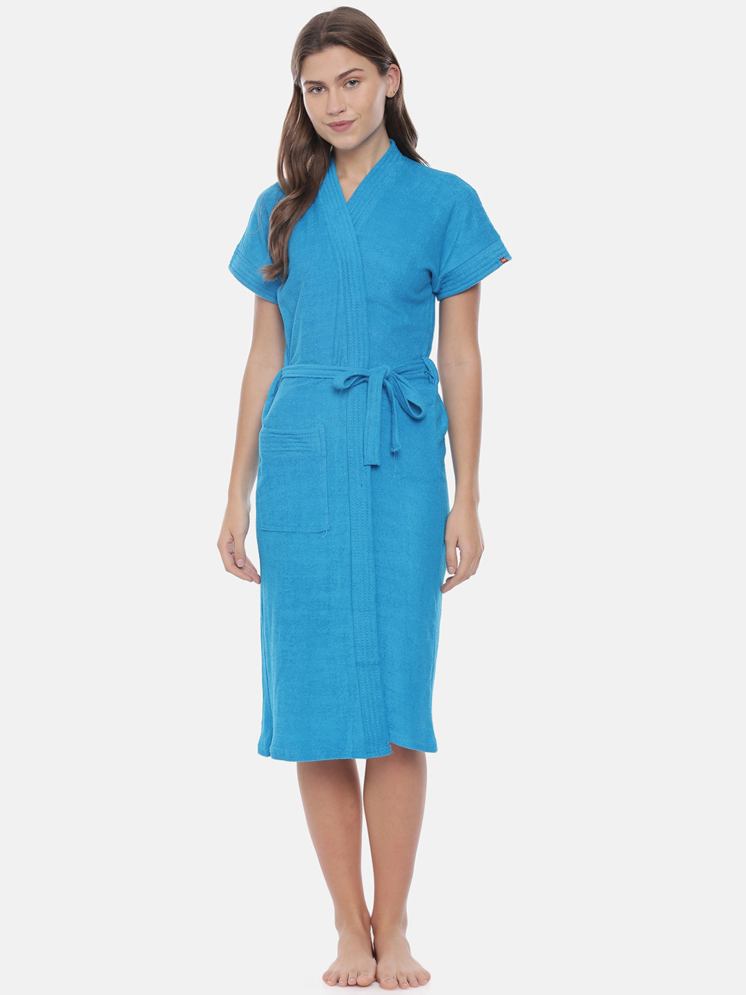 GOLDSTROMS Turquoise Blue Solid Cotton Drawstring Knee Length Bath Robe-M/L