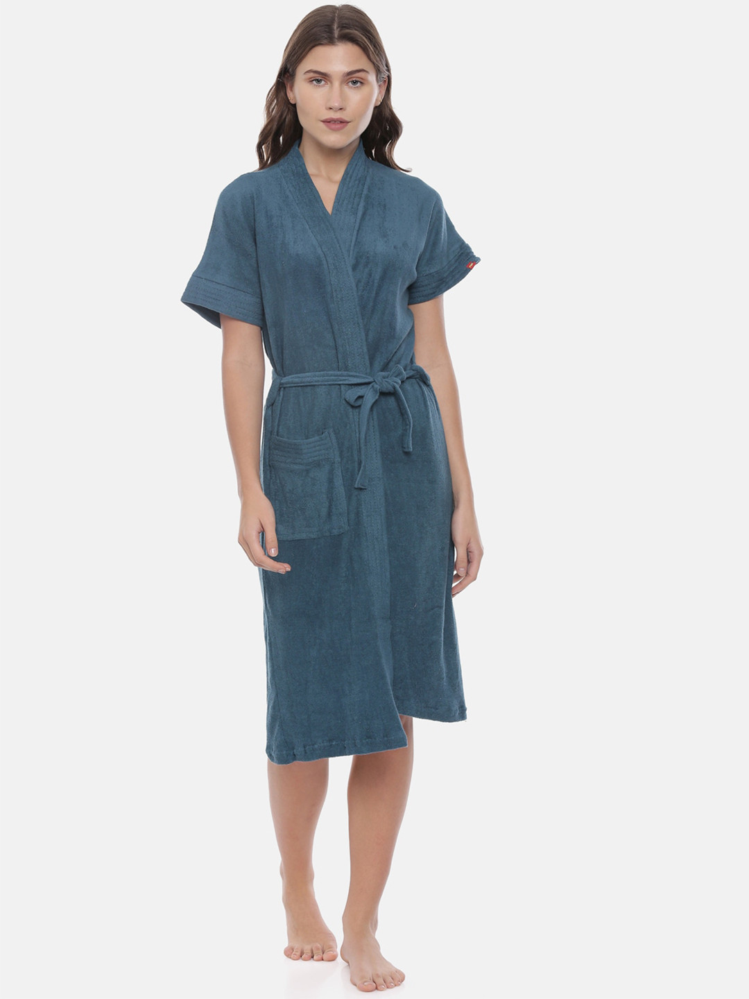 GOLDSTROMS Teal Solid Cotton Drawstring Knee Length Bath Robe-M/L