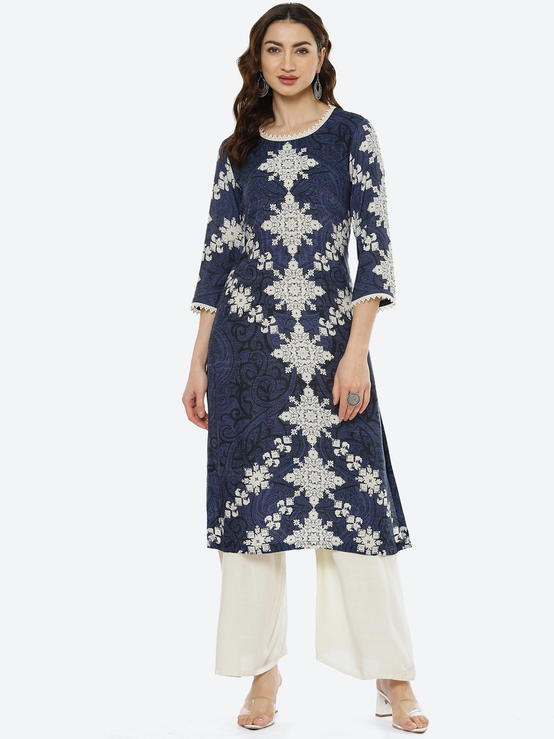 Biba Women Navy Blue & White Ethnic Motifs Printed Kurta