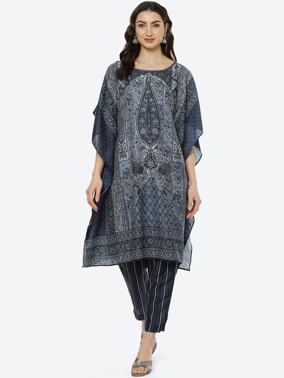 Biba Women Navy Blue Ethnic Motifs Printed Kurti with Trousers