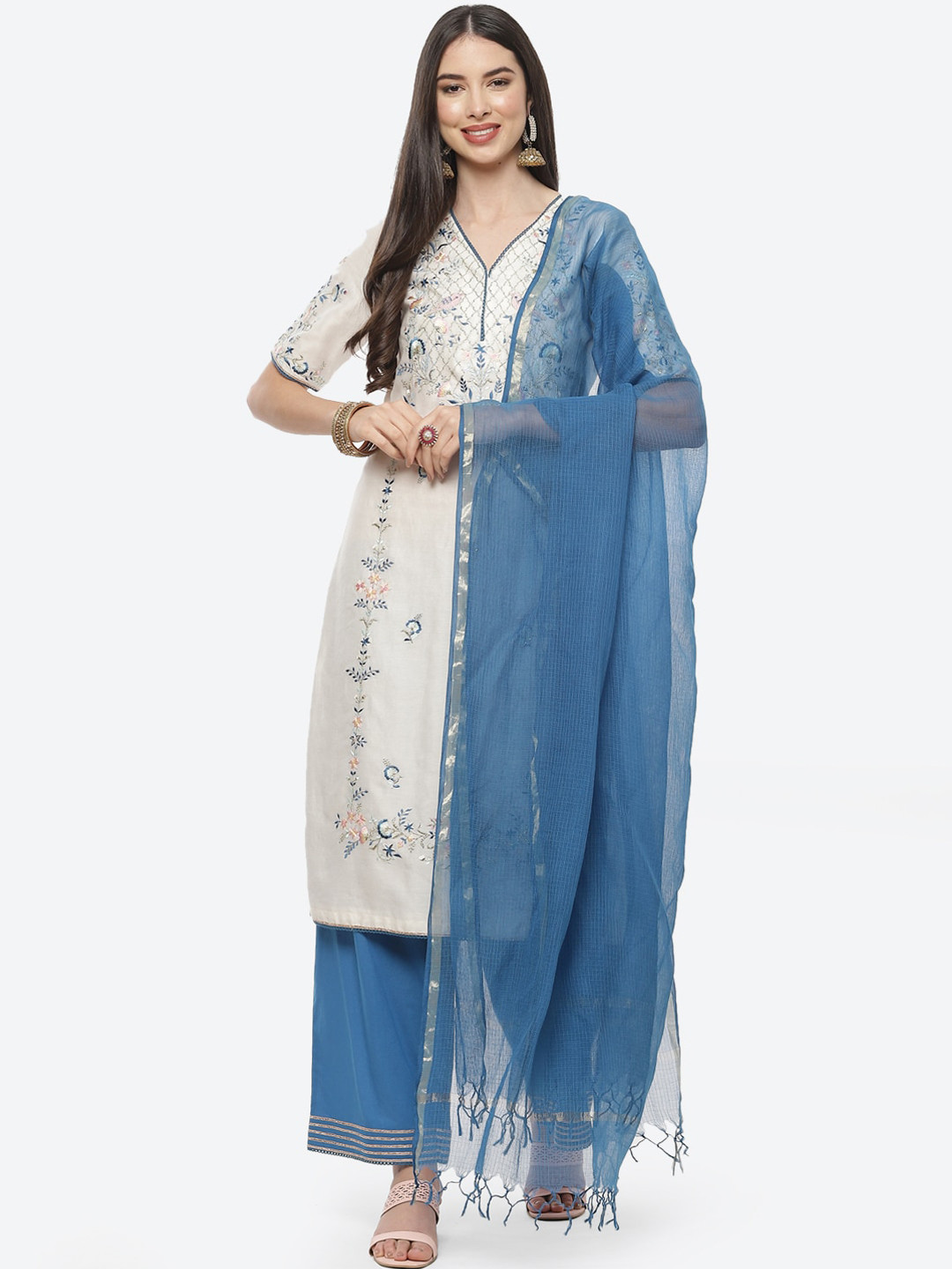 Biba Women Off White & Blue Floral Embroidered Kurta With Palazzos & Dupatta Kurta Set