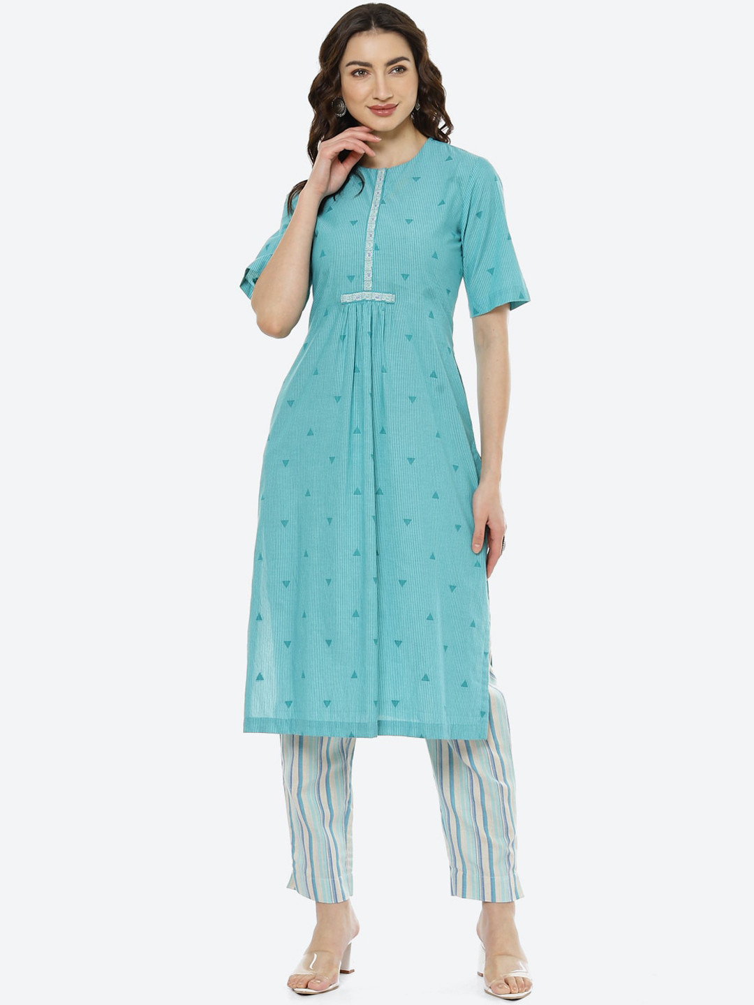 Biba Women Green Printed Pleated Pure Cotton Kurti With Trousers