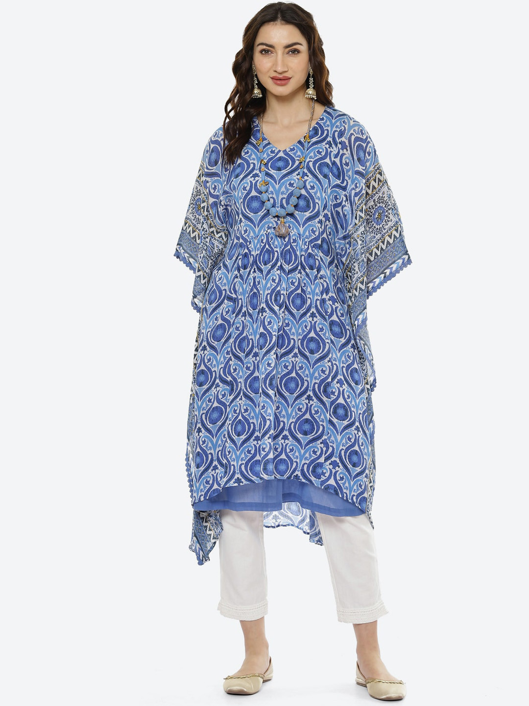 Biba Women Blue Ethnic Motifs Printed Pure Cotton Kaftan Kurti With Trousers