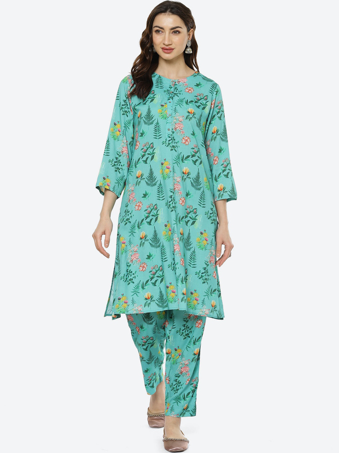 Biba Women Sea Green & Yellow Floral Printed Kurti with Patiala Kurta Set