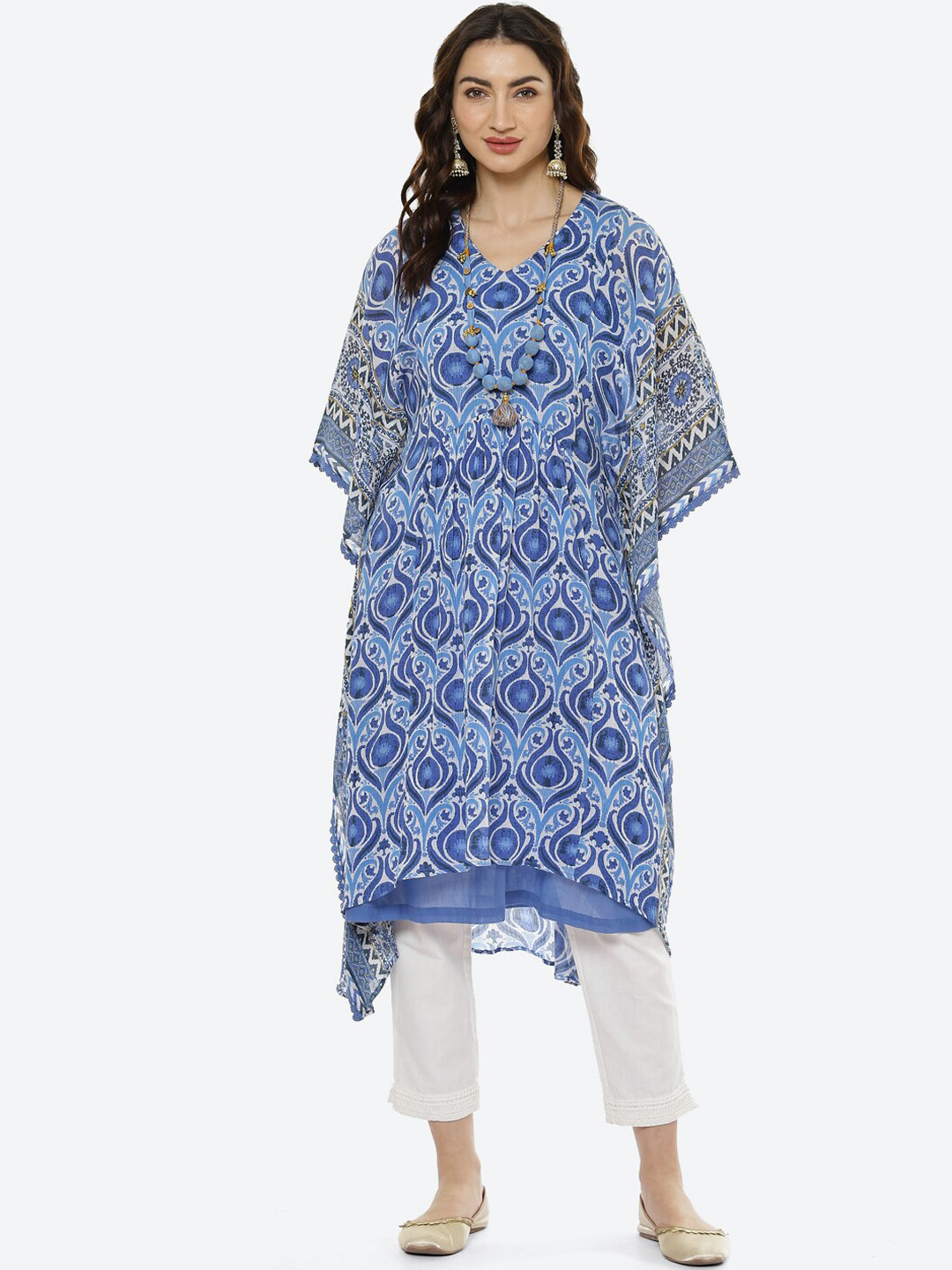 Biba Women White Ethnic Motifs Printed Pure Cotton Kurti with Trousers