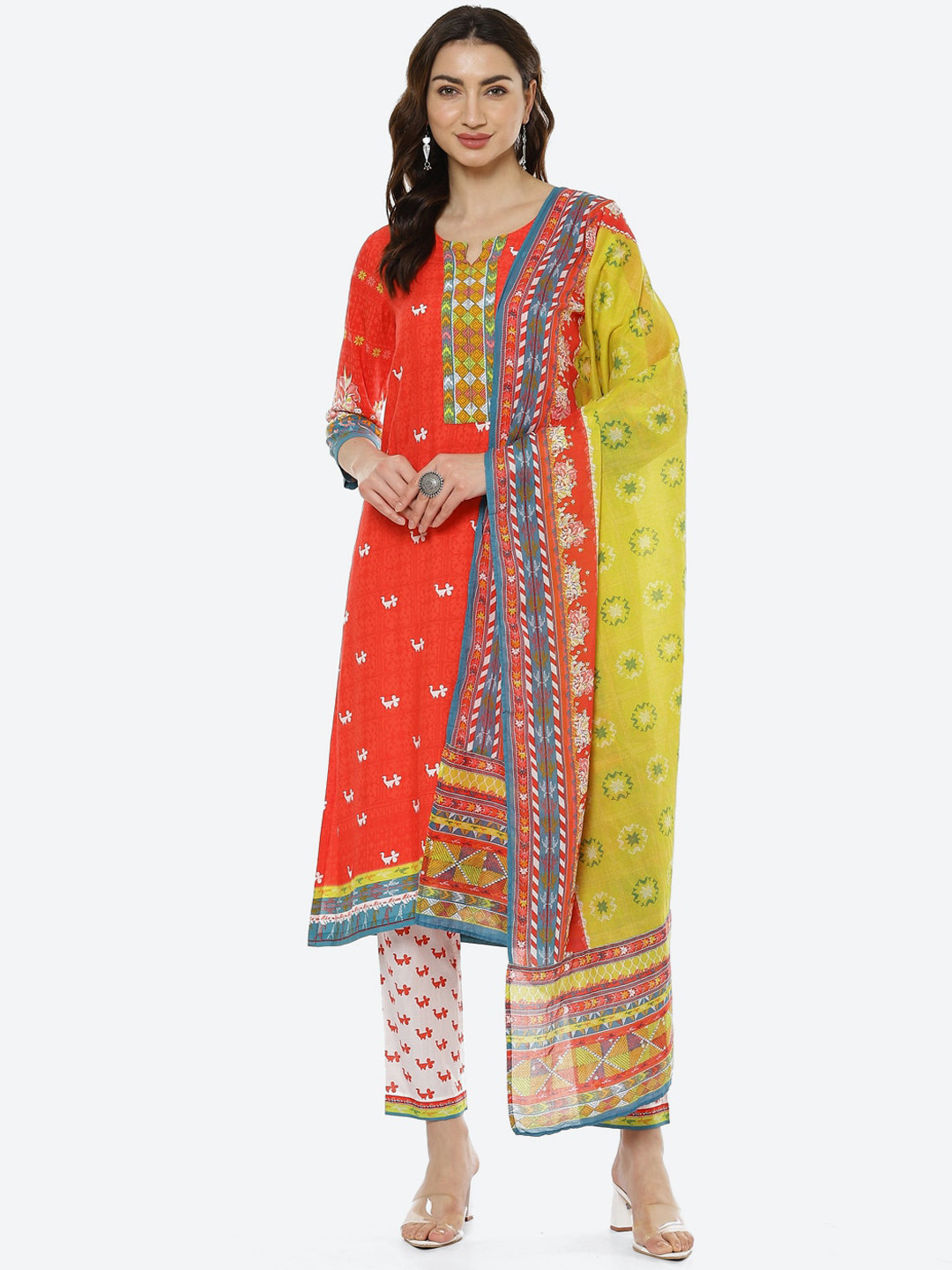 Biba Women Red Ethnic Motifs Printed Kurti with Trousers & With Dupatta Kurta Set