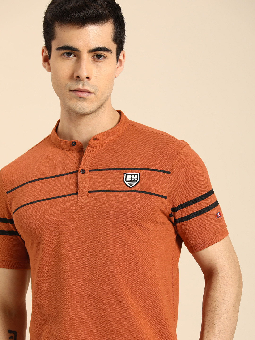 Being Human Men Rust Orange Striped Mandarin Collar T-shirt