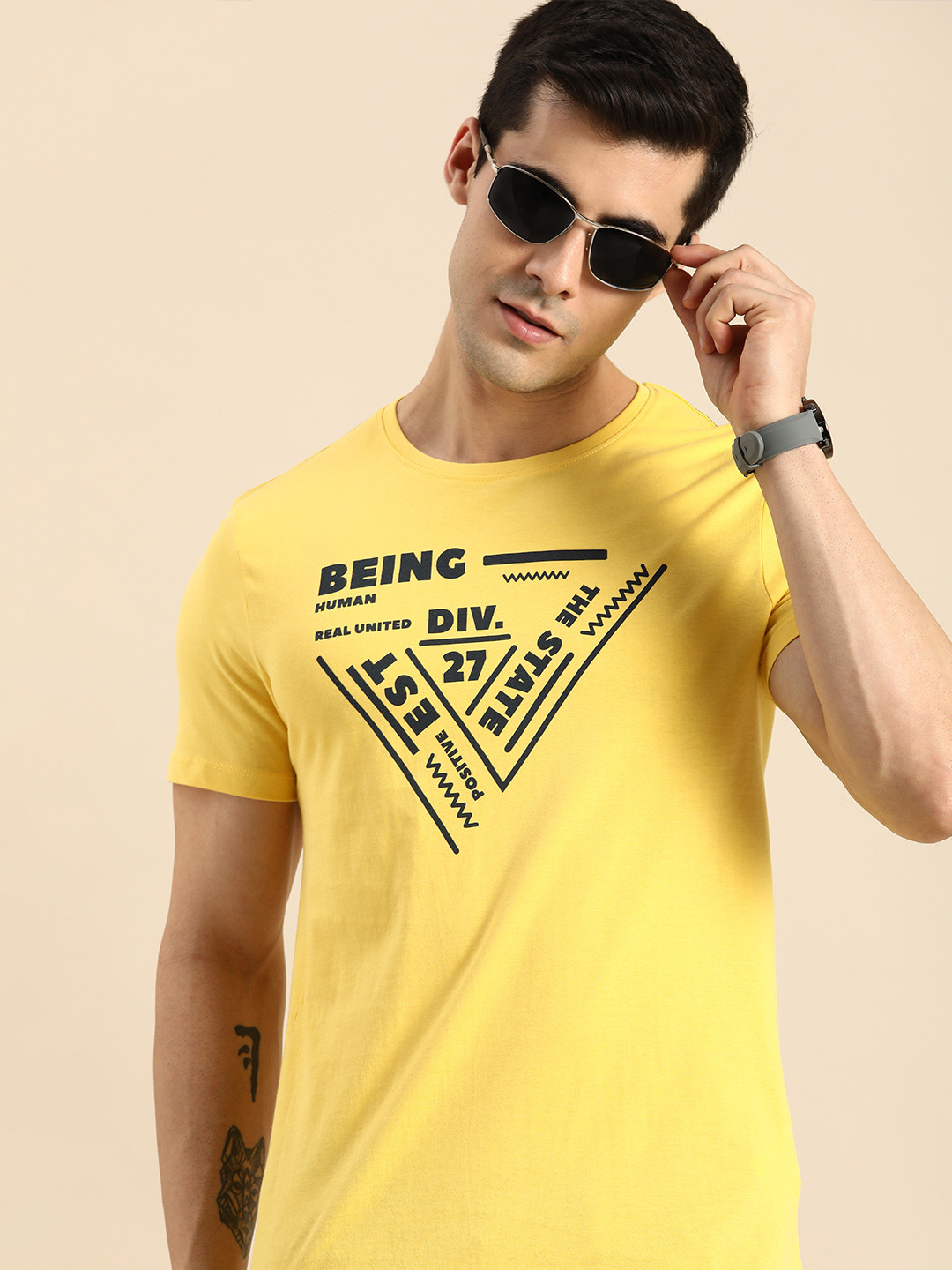 Being Human Clothing Men Yellow & Black Typography Printed Pure Cotton T-shirt