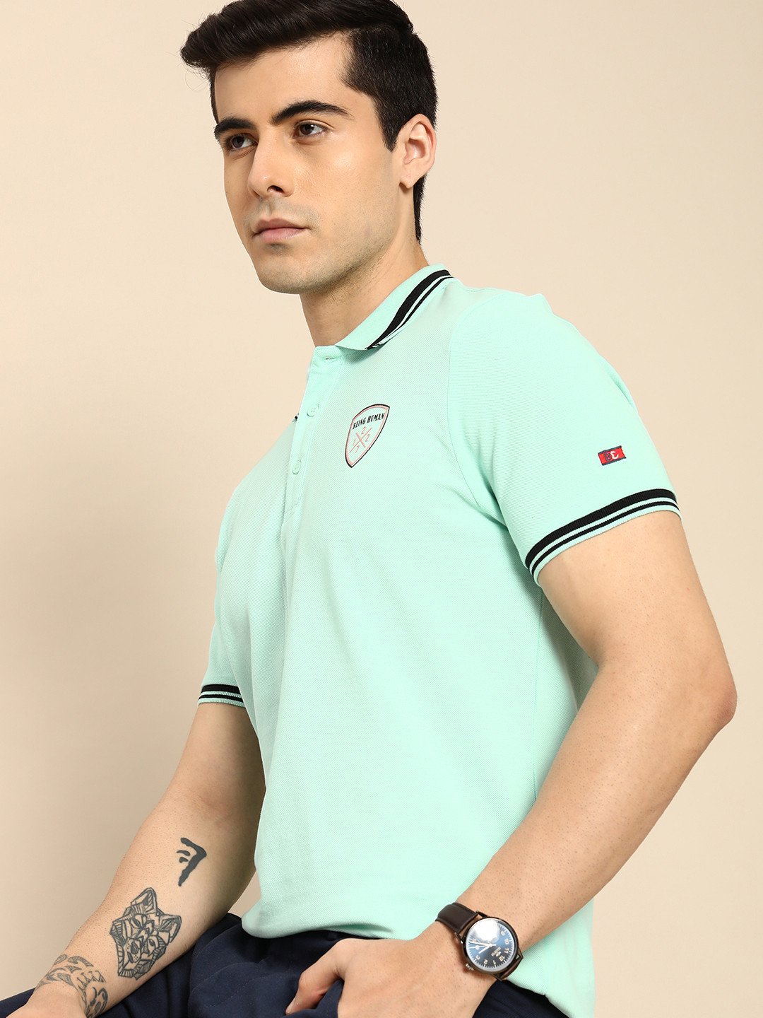 Being Human Men Mint Green Brand Logo Printed Polo Collar Pure Cotton T-shirt