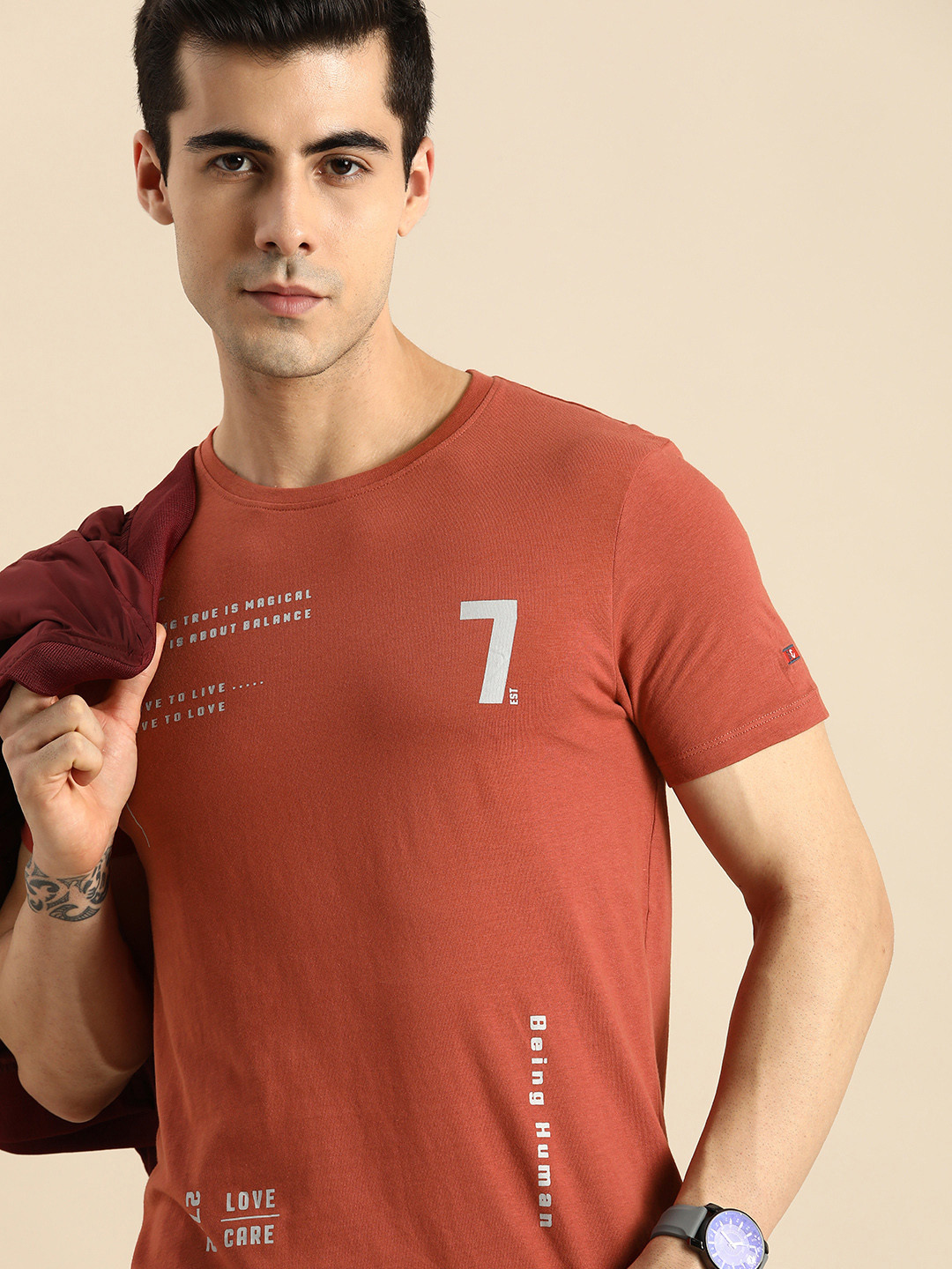 Being Human Clothing Men Brown Typography Printed Pure Cotton T-shirt
