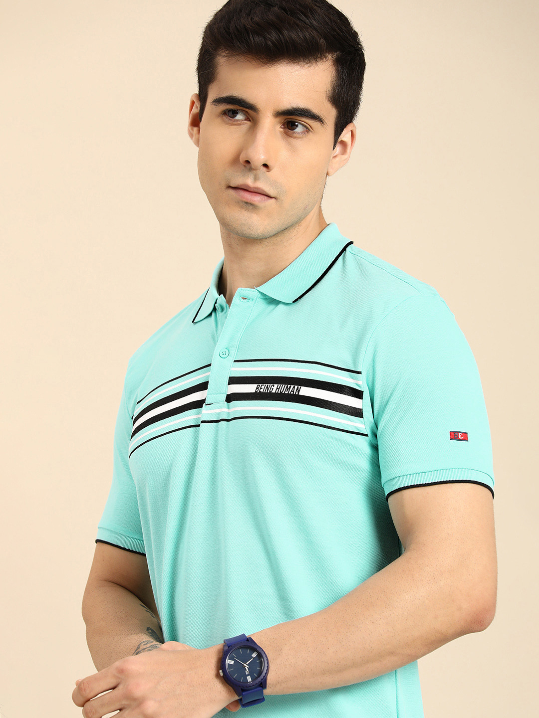 Being Human Men Sea Blue Striped Polo Collar Pure Cotton T-shirt