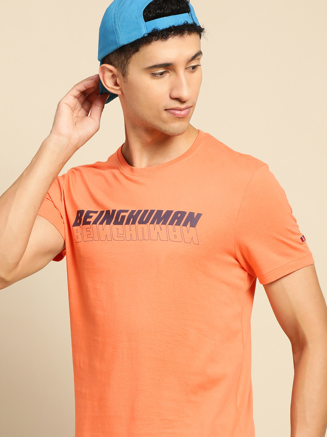 Being Human Men Orange & Blue Typography Printed Pure Cotton T-shirt