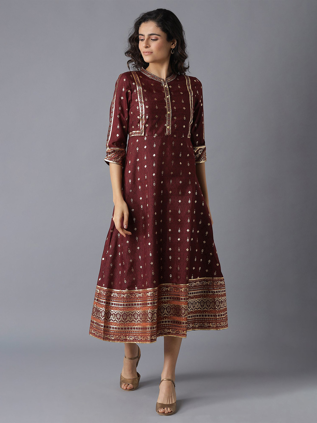 AURELIA Maroon And Gold Ethnic Motifs A-Line Midi Dress