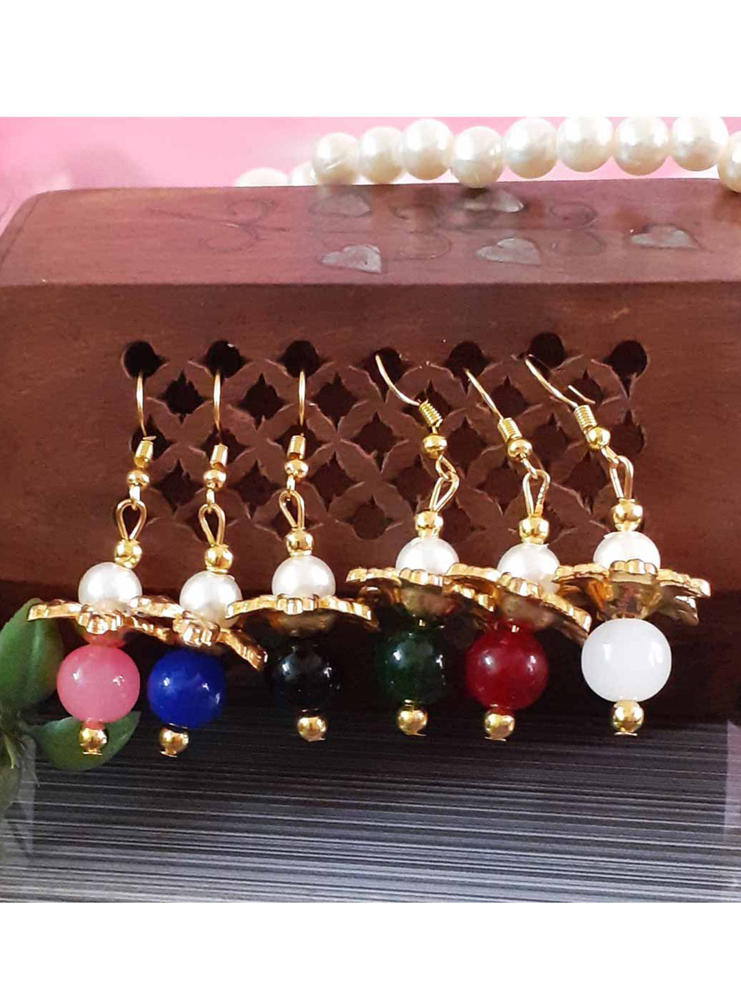 RICH AND FAMOUS Set Of 12 Multicoloured Gold-Plated Pearl Crystal Classic Drop Earrings