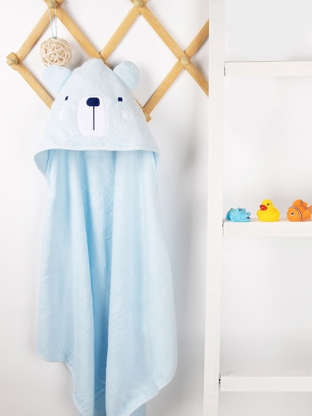 KICKS & CRAWL Kids Blue Solid 270 GSM Cotton Polar Bear Hooded Towel