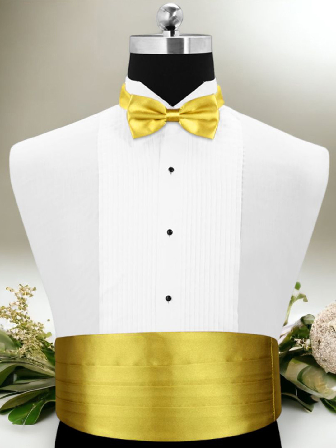 PELUCHE Unisex Gold-Toned Satin Cummerband and Bow Tie Set