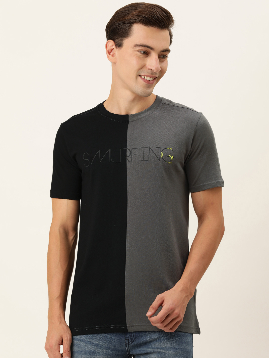 FOREVER 21 Men Black & Grey Colourblocked Pure Cotton T-shirt