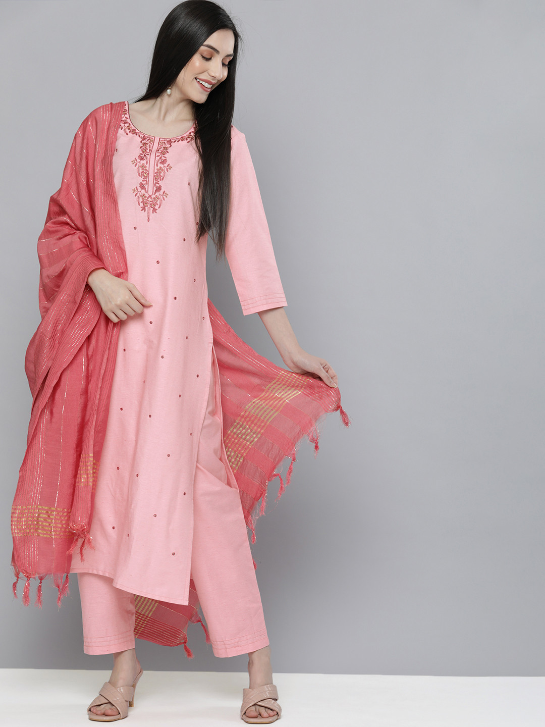 Kvsfab Women Pink Ethnic Motifs Embroidered Mirror Work Pure Cotton Kurta with Trousers & With Dupatta
