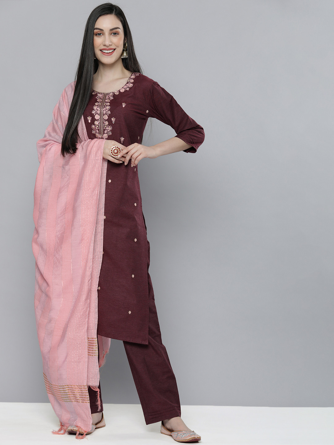 Kvsfab Women Maroon Embroidered Pure Cotton Embroidered Kurta Pant with Dupatta