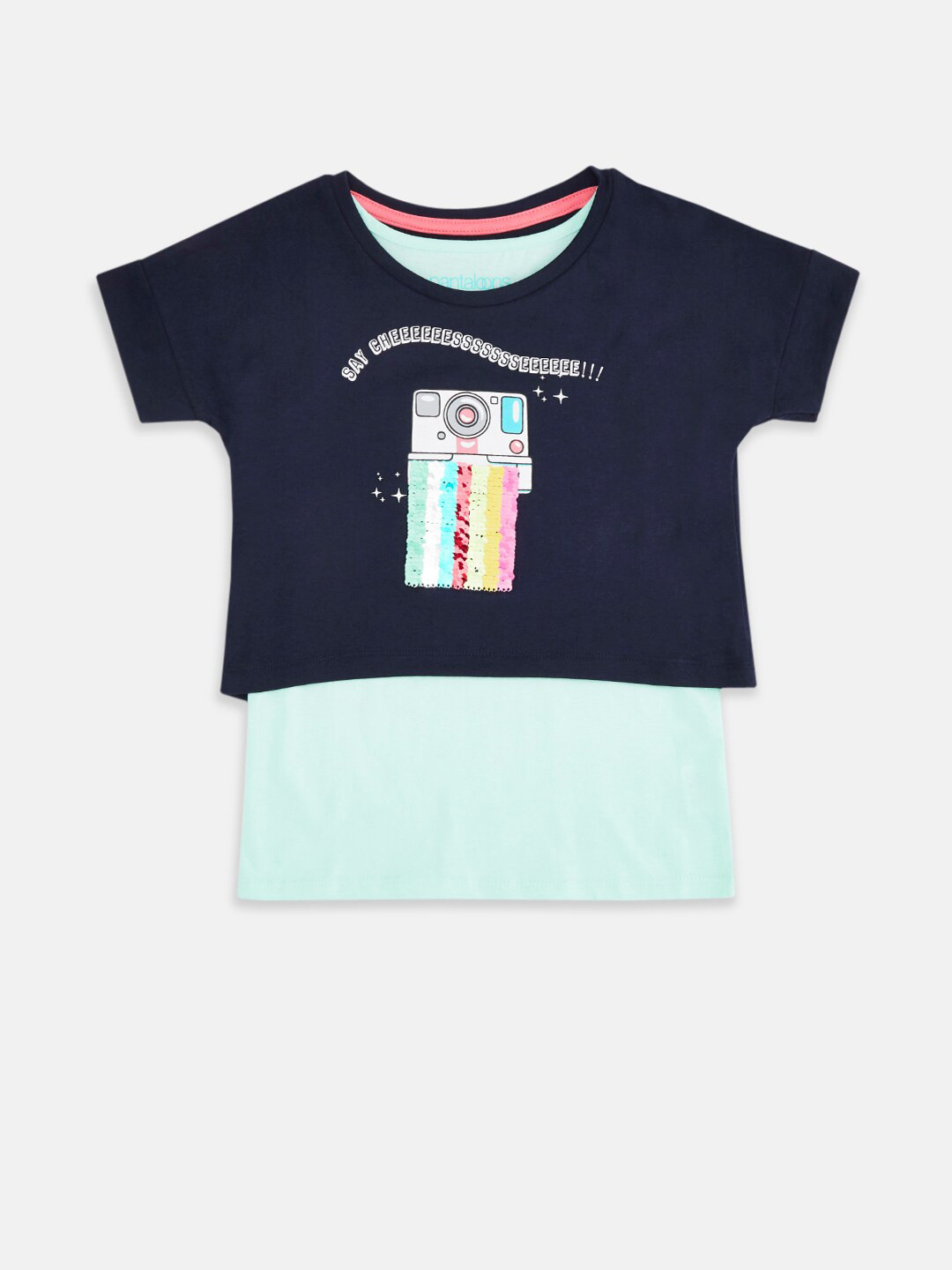 Pantaloons Junior Girls Navy Blue Printed Pure Cotton T-shirt