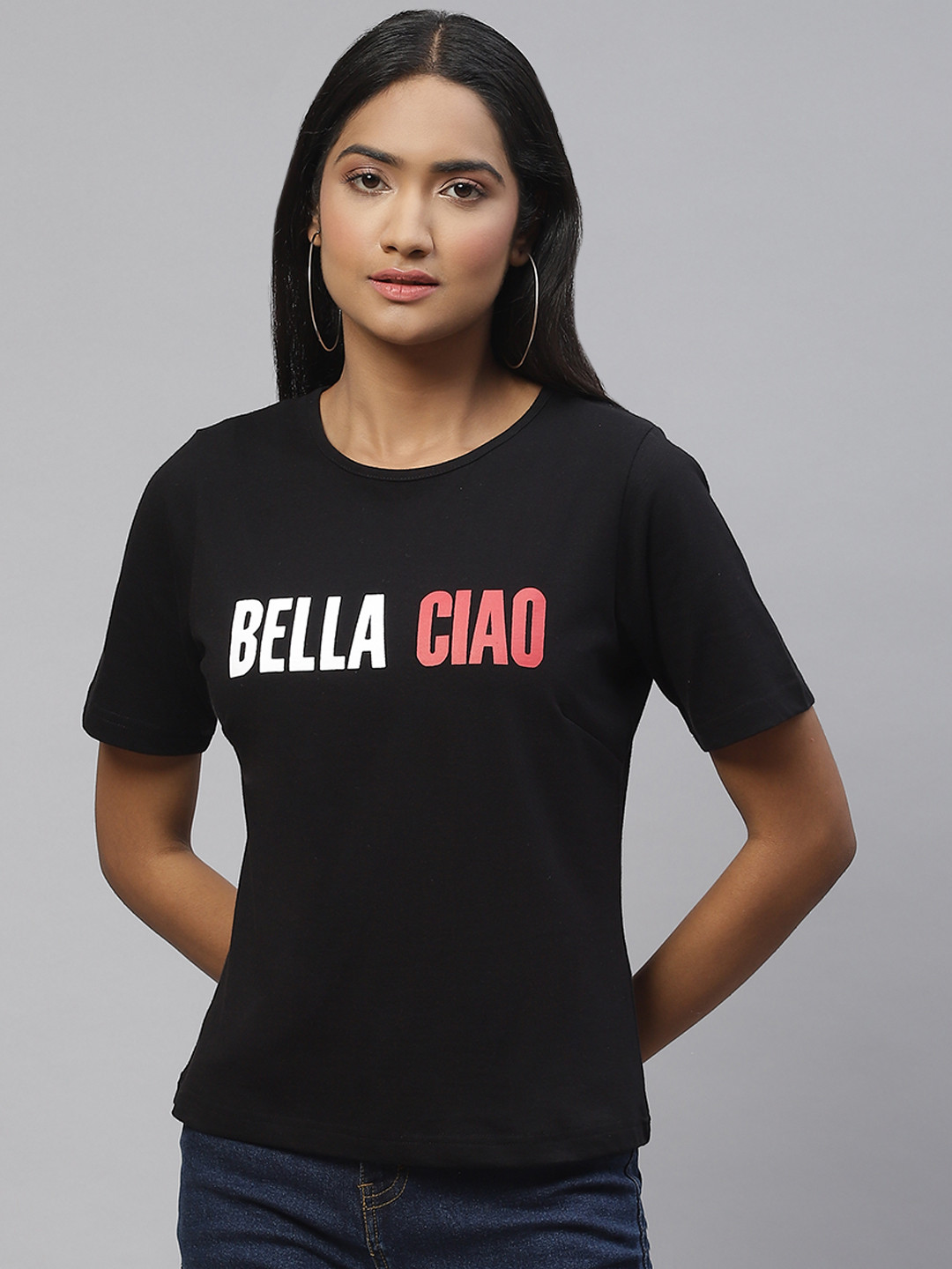 plusS Women Black & White Bella Ciao Money Heist Song Print Cotton T-shirt