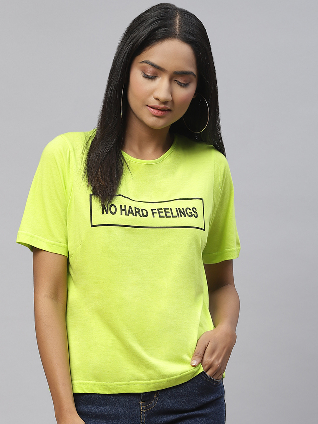 plusS Women Fluorescent Green & Black Typography Print Cotton T-shirt