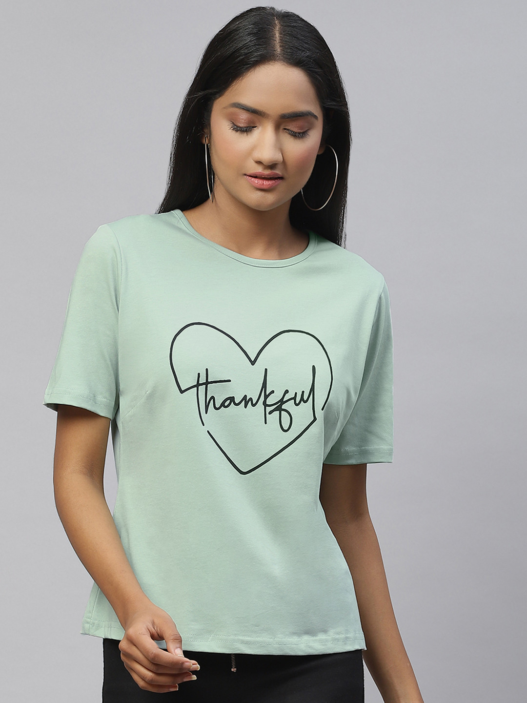 plusS Women Green & Black Typography Print Cotton T-shirt