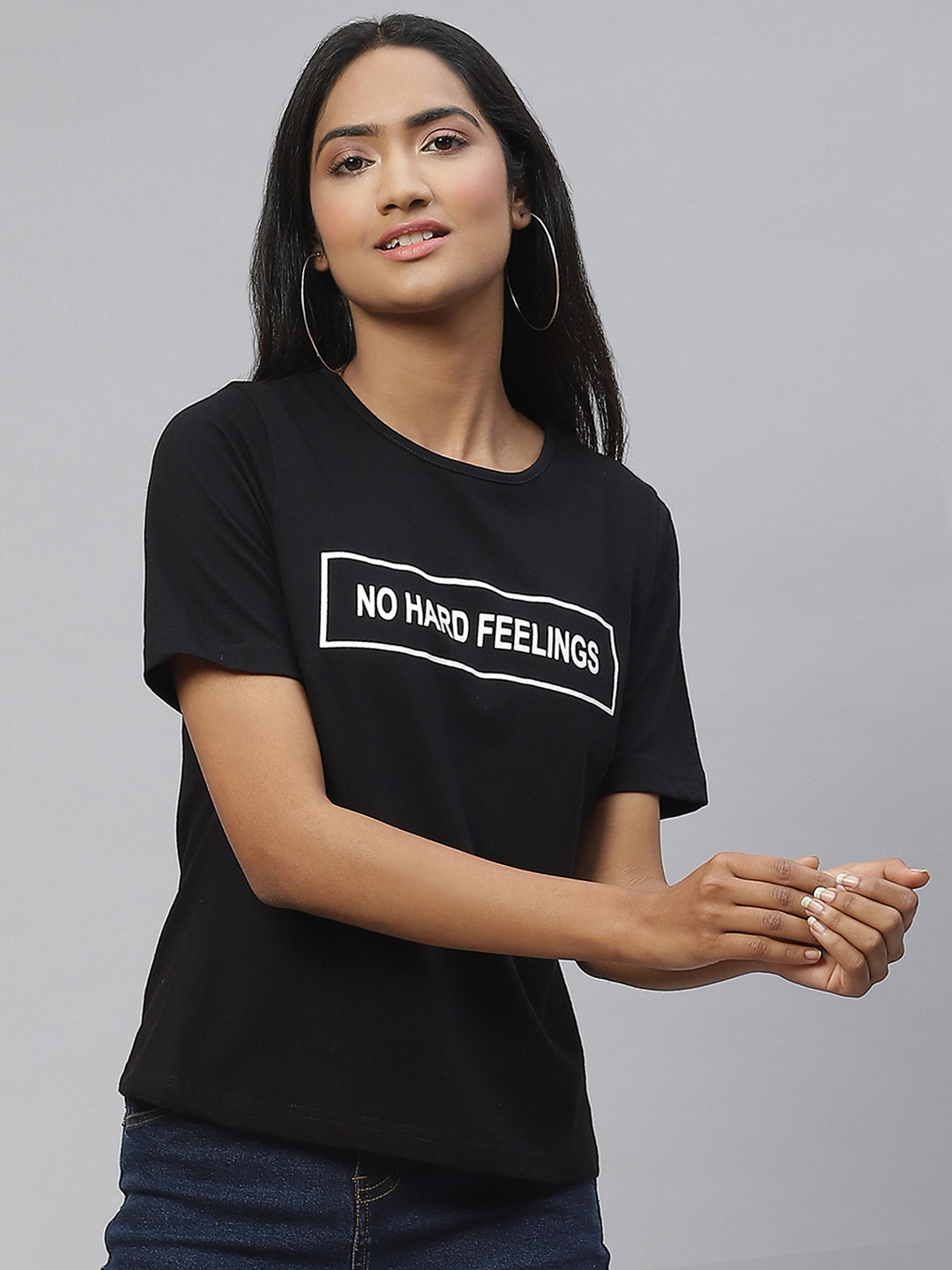 plusS Women Black & White Typography Printed Monochrome Cotton T-shirt