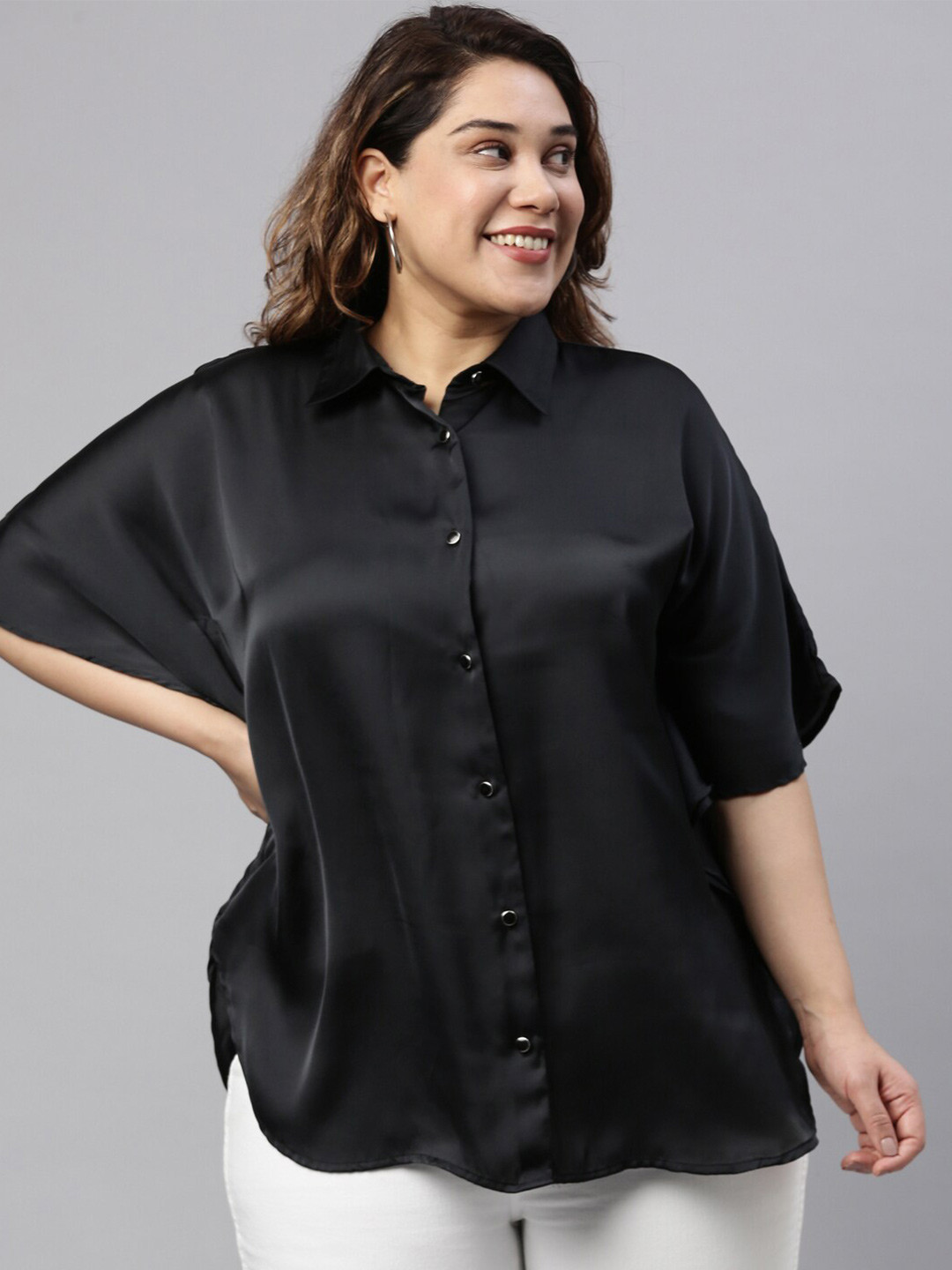 The Pink Moon Plus Size Black Extended Sleeves Sheen Kaftan Top