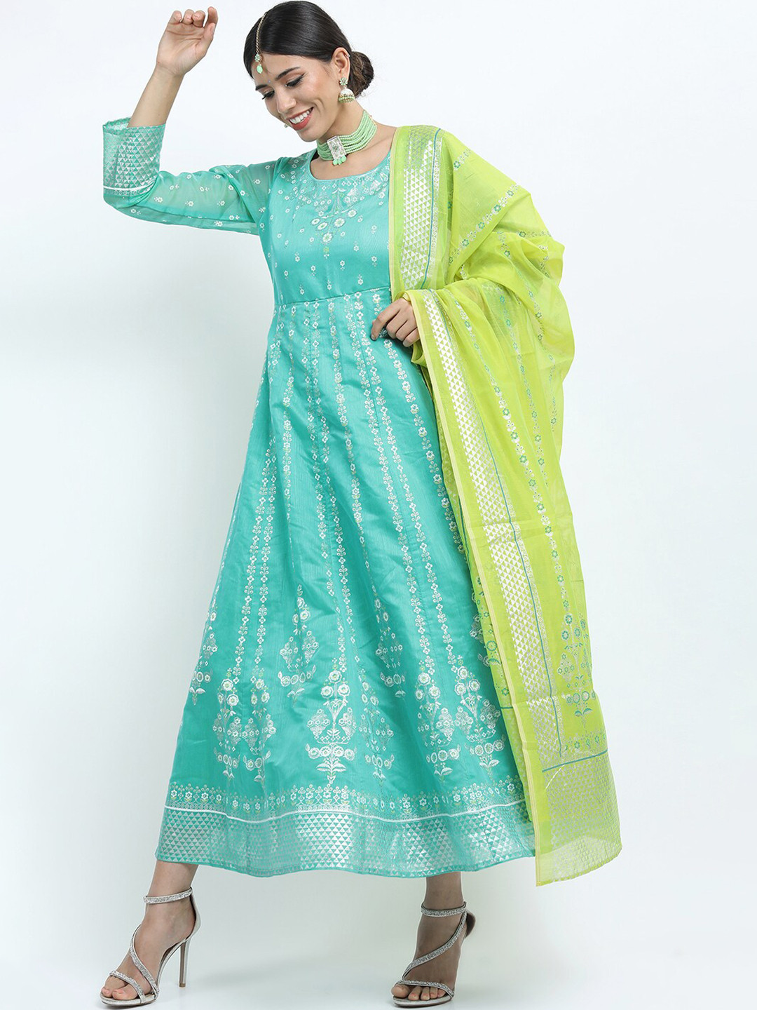 Vishudh Women Turquoise Blue & Green Printed Chanderi Anarkali Kurta With Dupatta