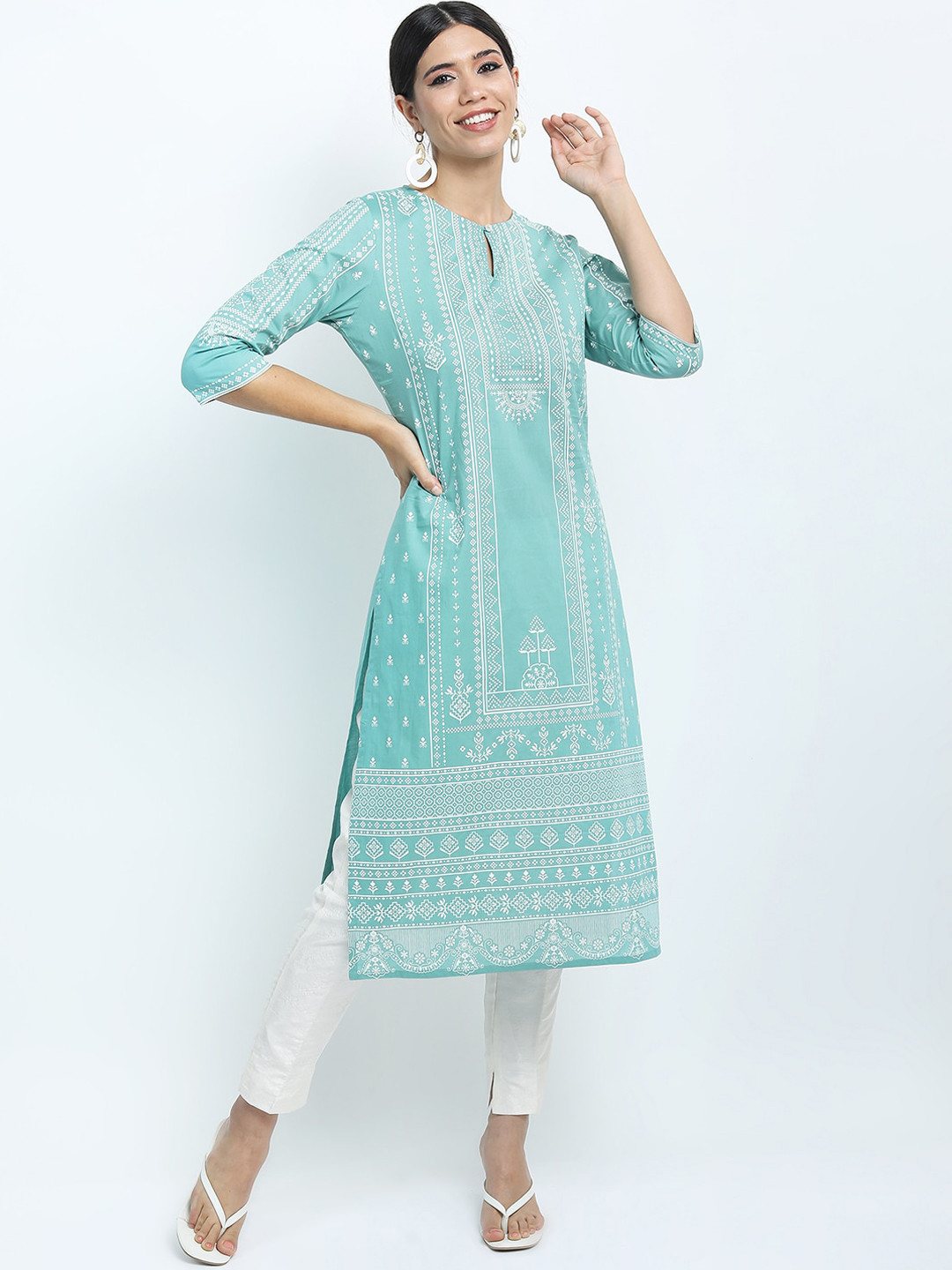 Vishudh Women Blue Geometric Woven Design Keyhole Neck Stright Kurta