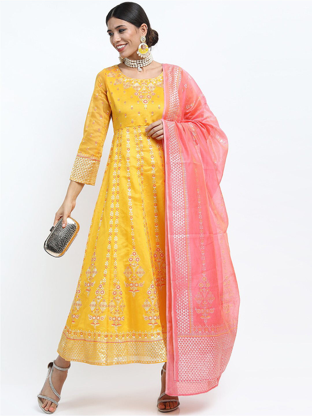Vishudh Yellow Ethnic Motifs Printed Maxi Anarkali Dress With Dupatta