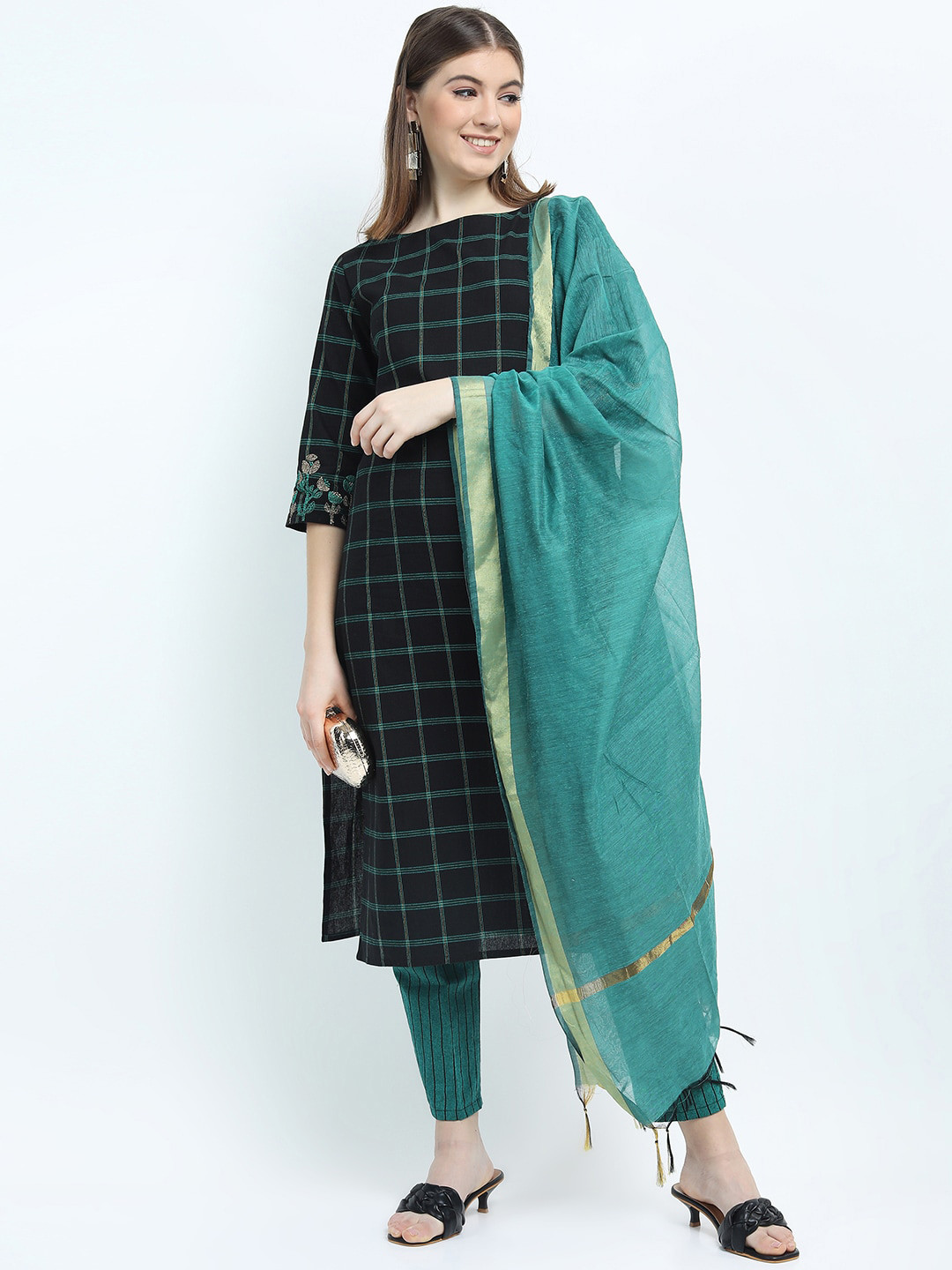 Vishudh Women Black & Teal Blue Checked Pure Cotton Kurta with Palazzo & Dupatta