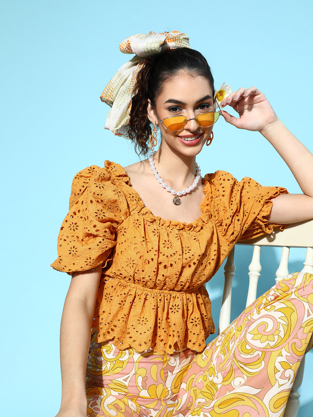 Athena Women Stylish Mustard Self-Design Schiffli Top