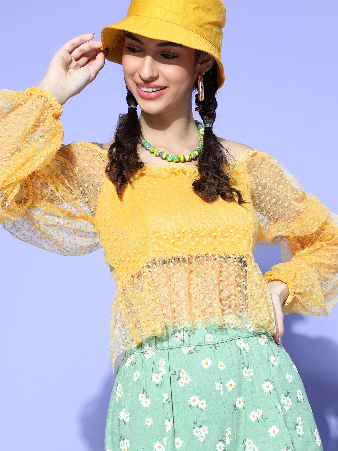 Athena Women Bright Yellow Self-Design Dobby Weave Top