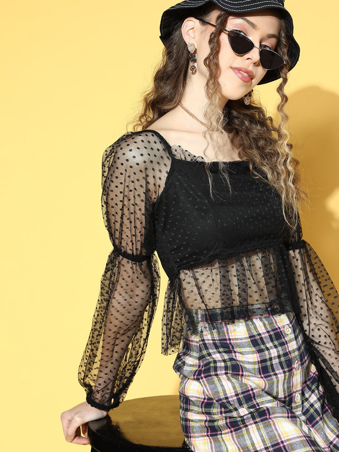 Athena Women Stylish Black Self-Design Sheer Top