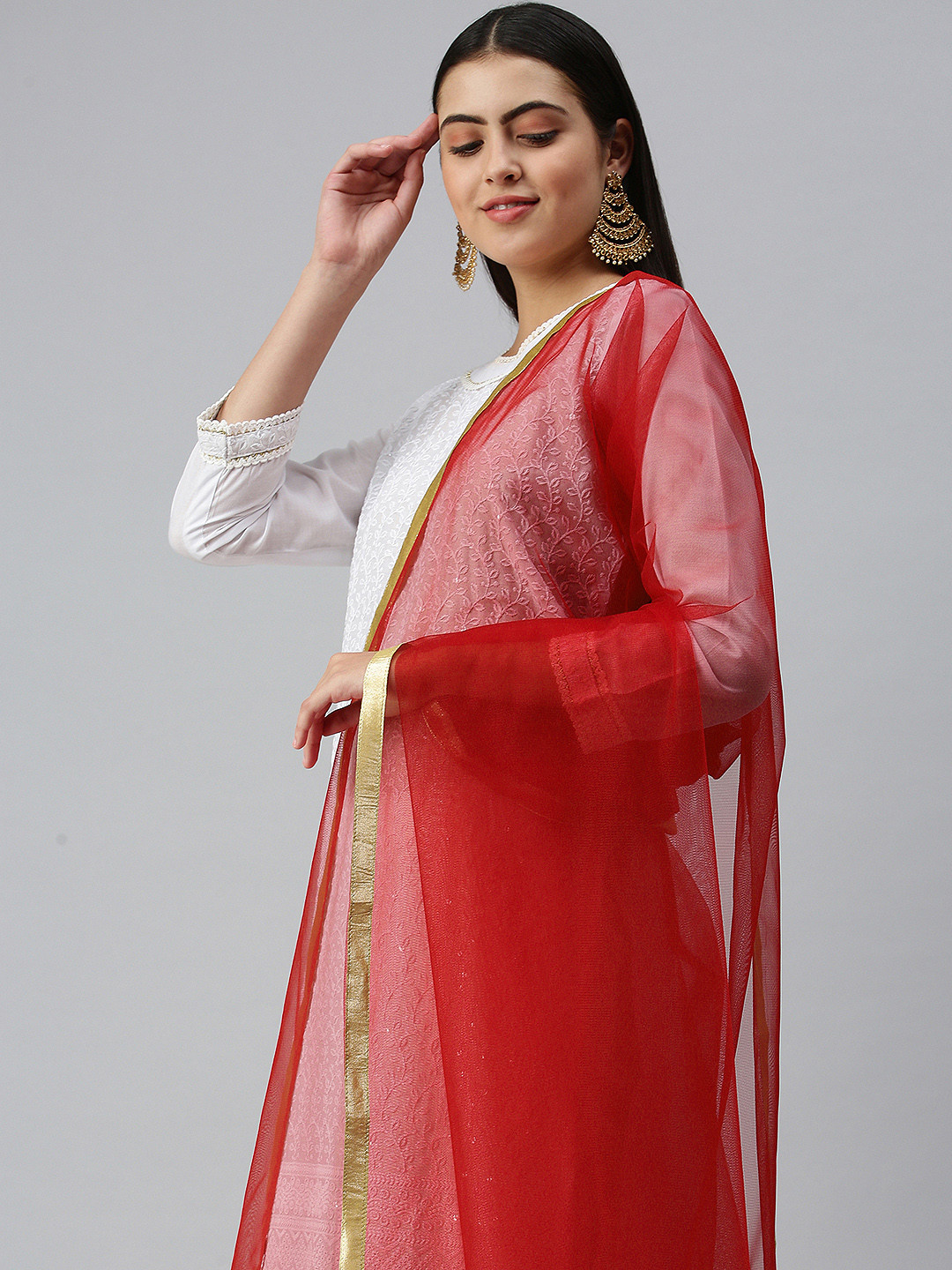 flaher Women Red Gotta Patti Net Dupatta