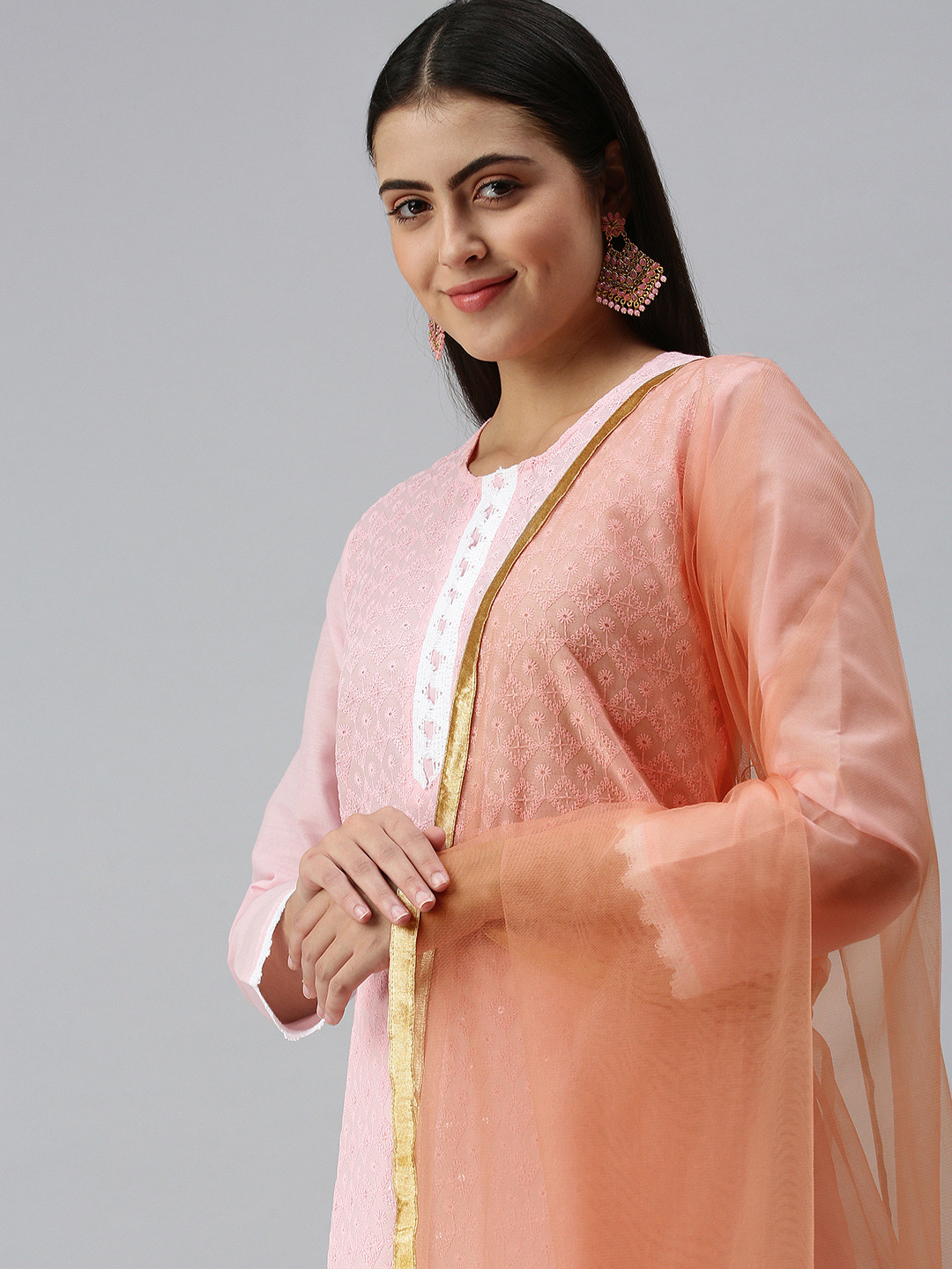 flaher Women Peach-Coloured Gotta Patti Net Dupatta