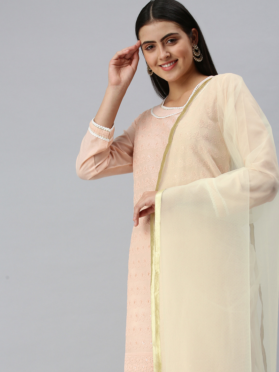 flaher Women Off White Gotta Patti Net Dupatta