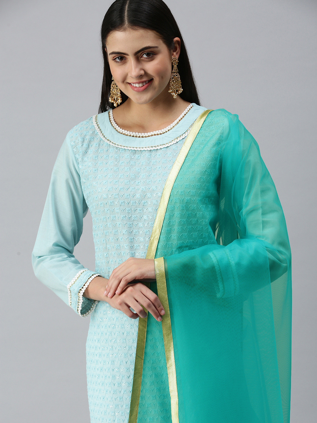 flaher Women Sea Green Gotta Patti Net Dupatta