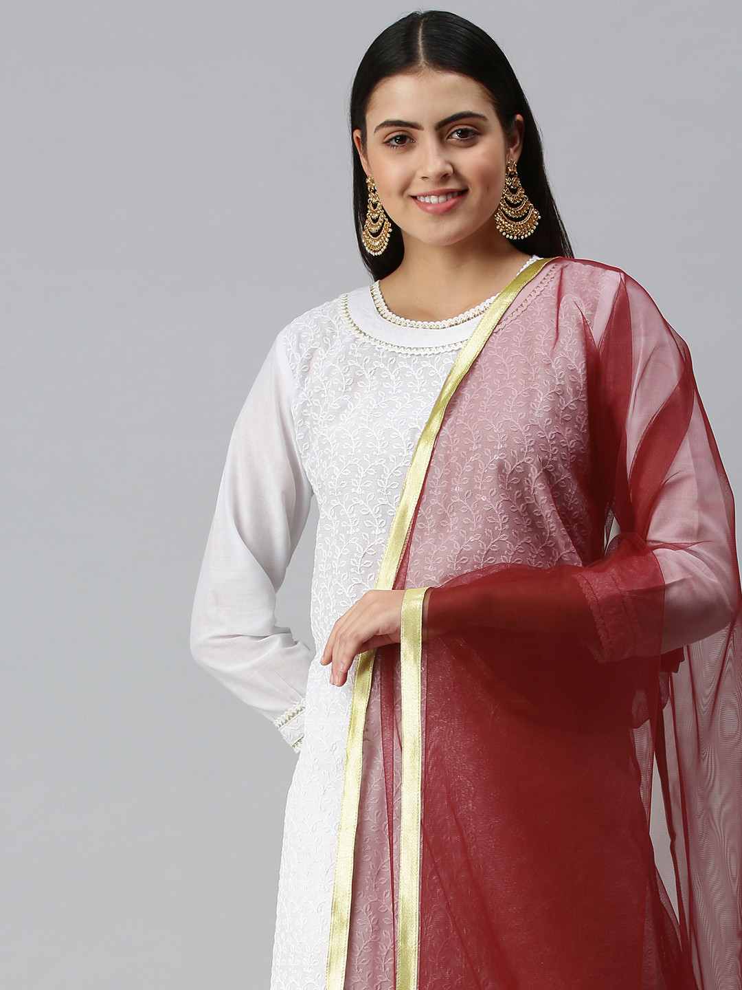 flaher Women Maroon Gotta Patti Net Dupatta