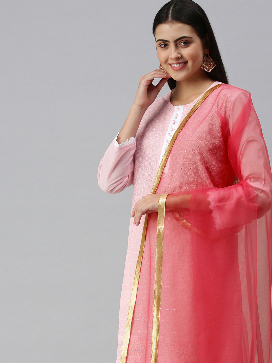 flaher Women Pink Gotta Patti Net Dupatta