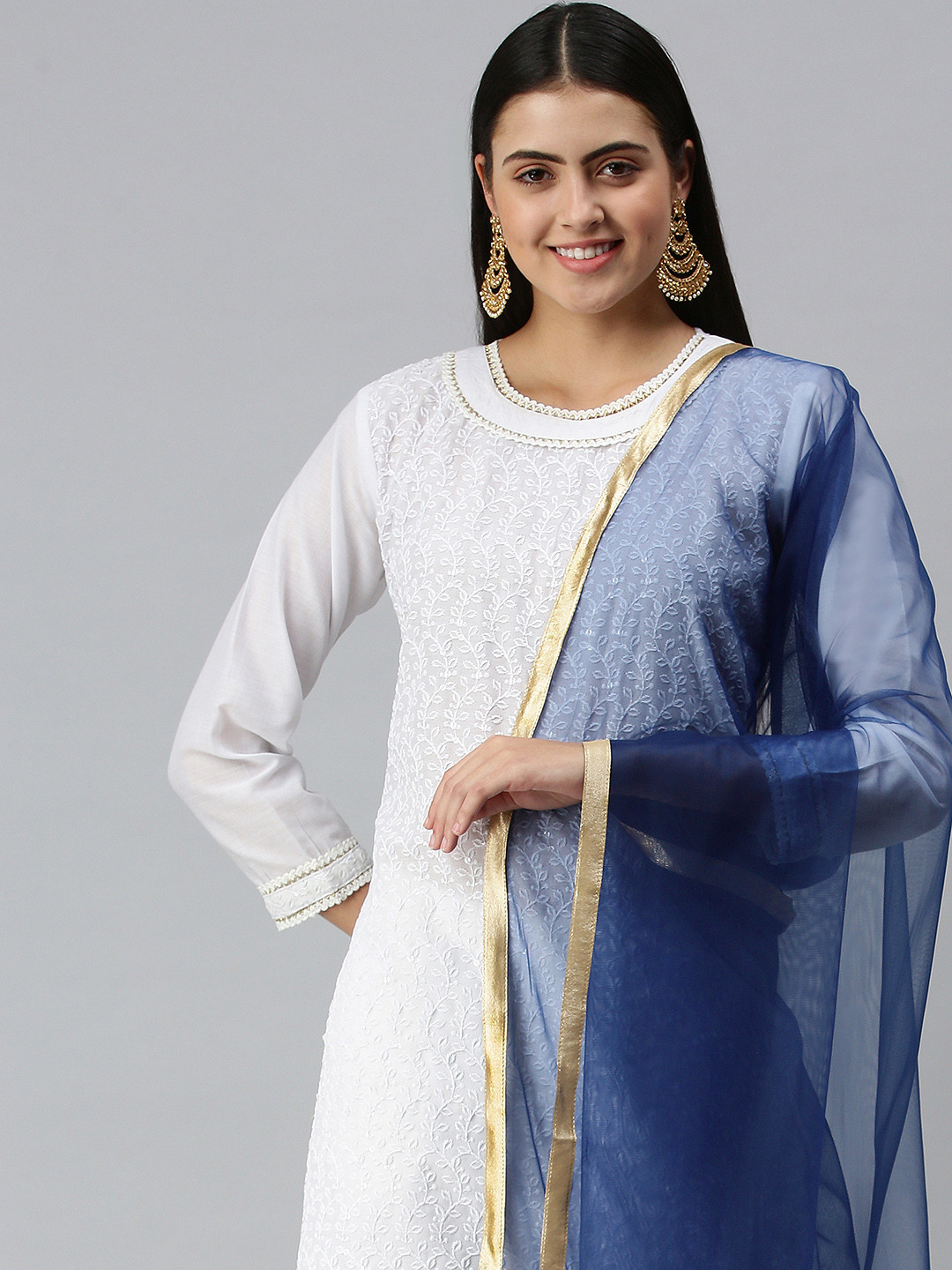 flaher Women Navy Blue Gotta Patti Net Dupatta