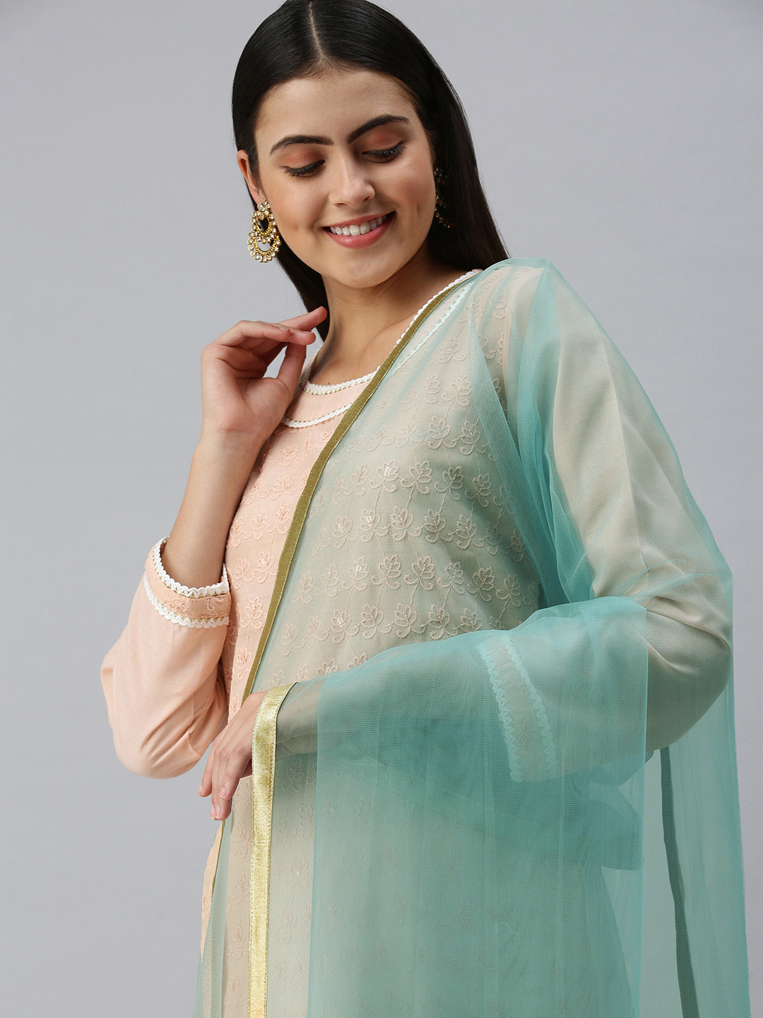 flaher Women Blue Gotta Patti Net Dupatta