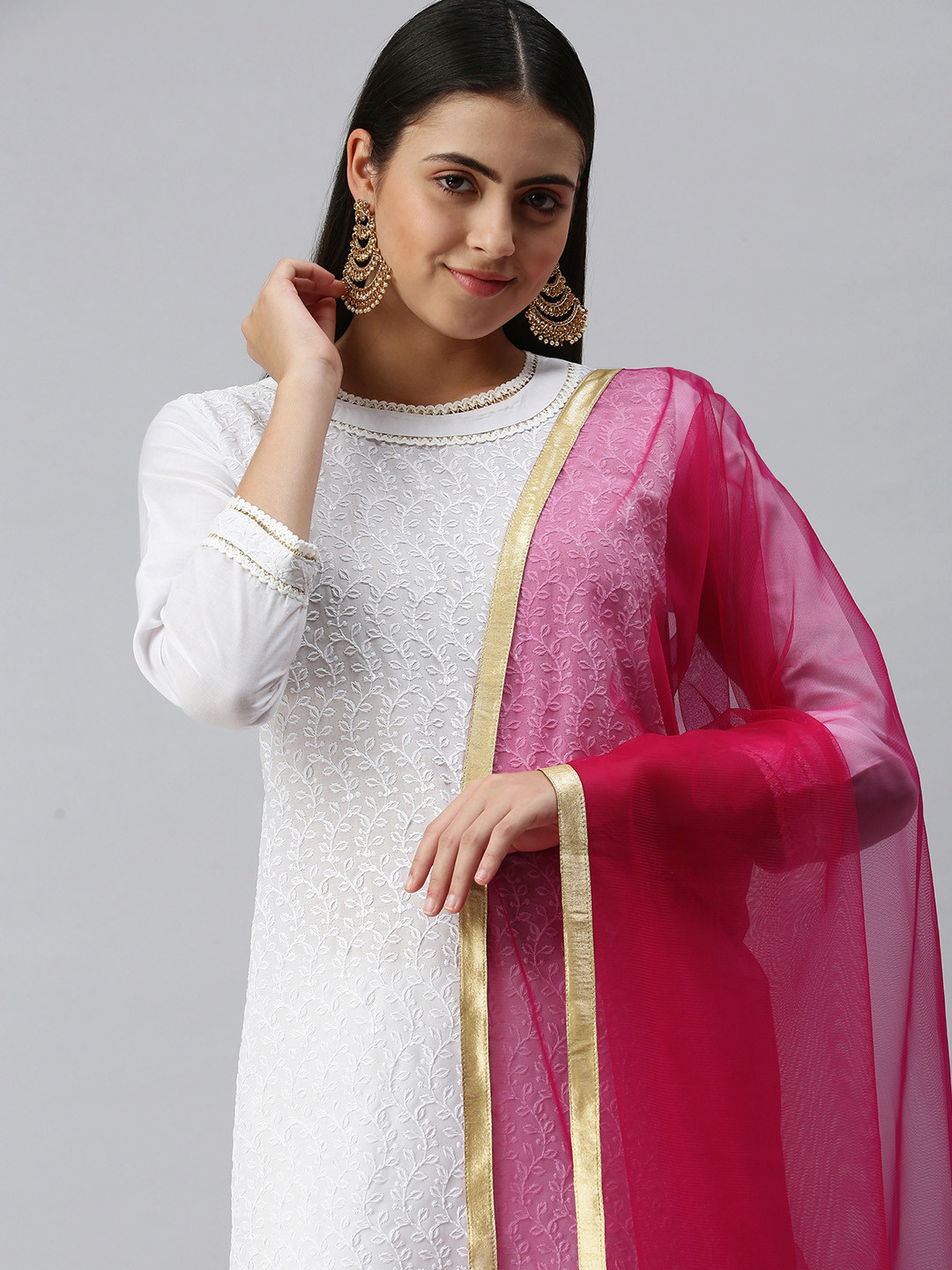 flaher Women Magenta Gotta Patti Net Dupatta